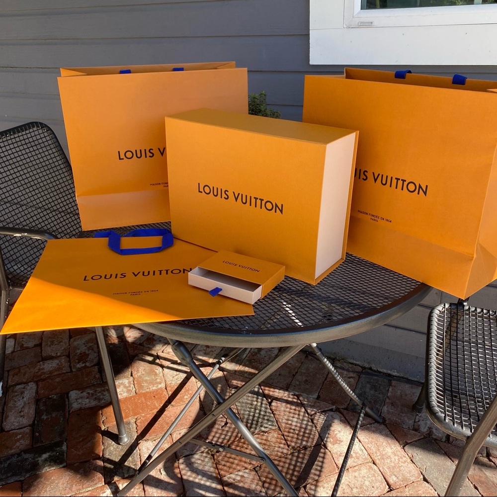 3 Louie Vuitton shopping bags (same size), 1 large box, 1 small bundle